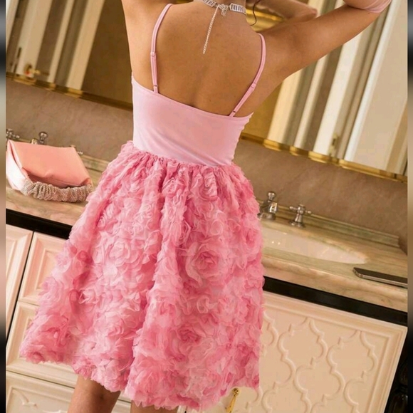 Spaghetti Strap Knitted Waist Seam Floral Embroidered Tulle Fluffy Skirt Romanti - Picture 2 of 4